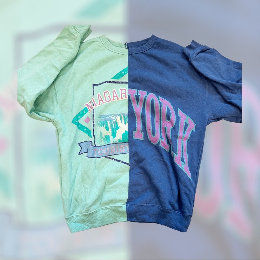 retro teal and blue crewneck